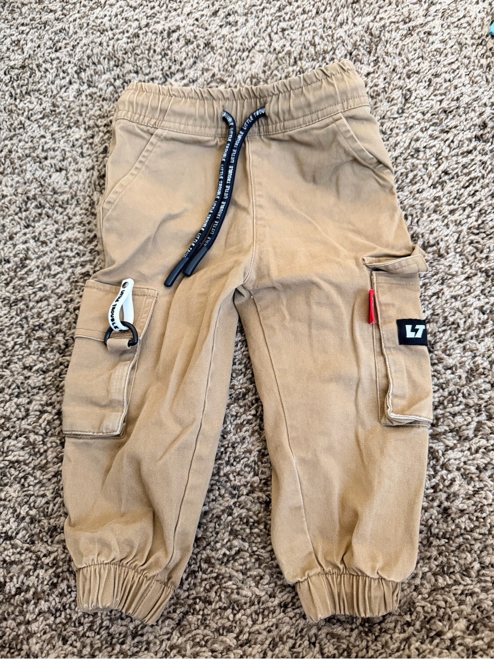 Little Trouble - Tan Cargo Joggers with Drawstring Waist Toddler Boy